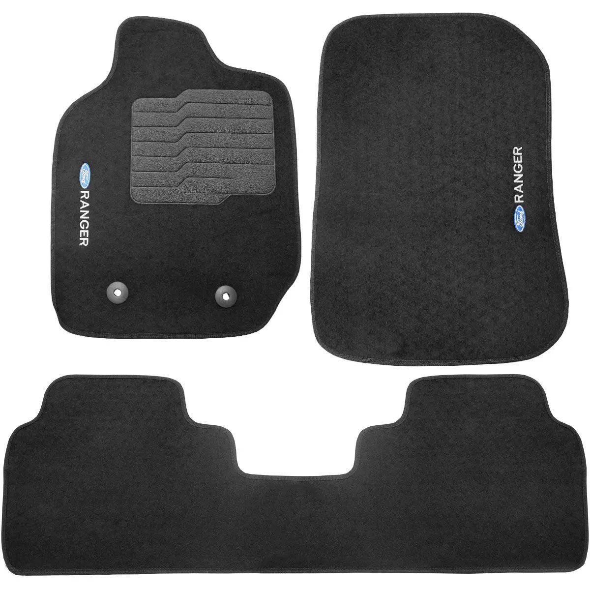 TAPETE CARPETE FORD RANGER 2013 A 2023 CABINE DUPLA PRETO BORDADO 3 PEÇAS